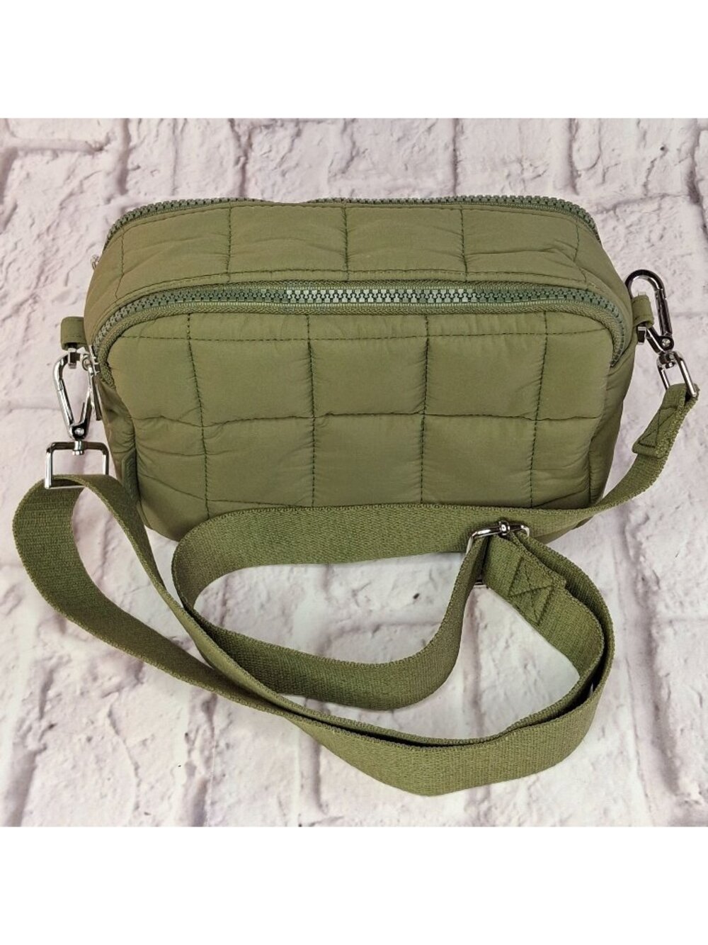 Jason Wu Quilted Olive Green Nylon Crossbody Bag Adjustable Strap Silver Hardwar